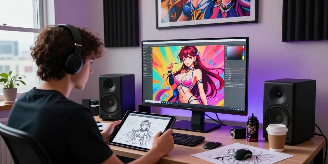 AI hentai digital art creation scene in a modern studio with vibrant colors and a creative atmosphere.