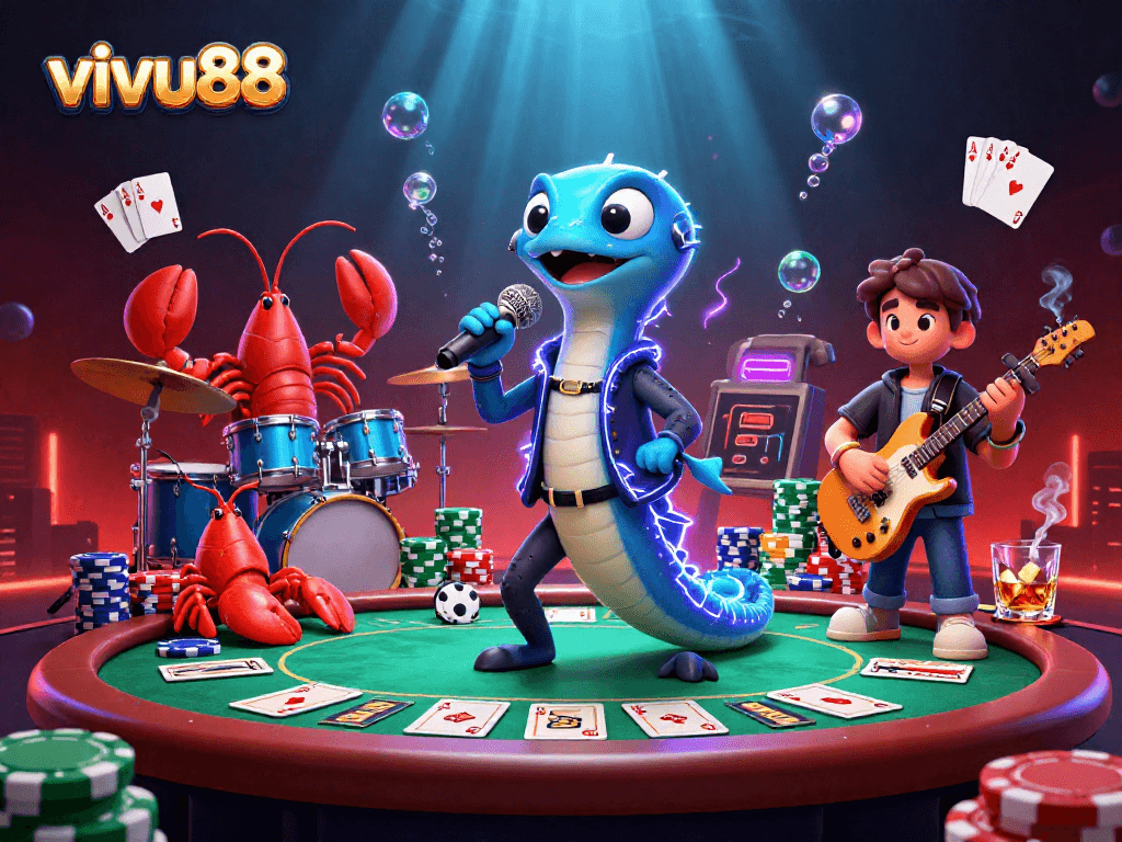 Experience the thrill of vivu88 gaming with an electric performance from a cartoon eel DJ and friends.