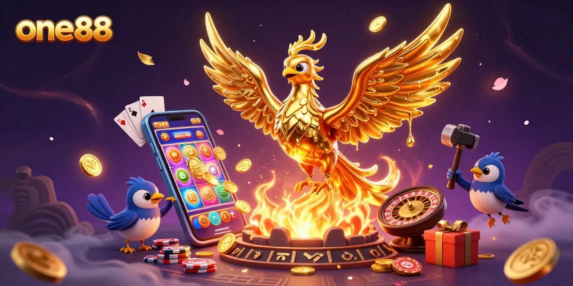 Experience thrilling gameplay with one88's vibrant slots and casino elements in a captivating digital scene.