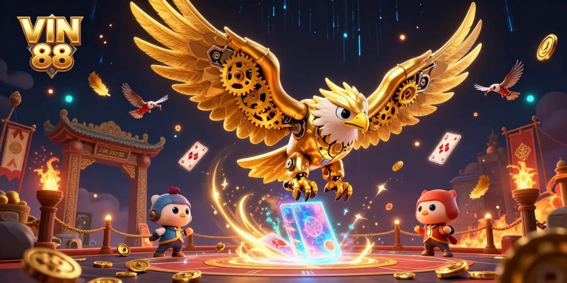 Experience thrilling action at VIN 88 with a golden eagle diving among holographic cards.