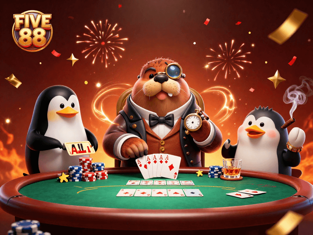 Engage in poker excitement at FIVE 88 with a jolly walrus, penguin dealer, and bluffing pufferfish!