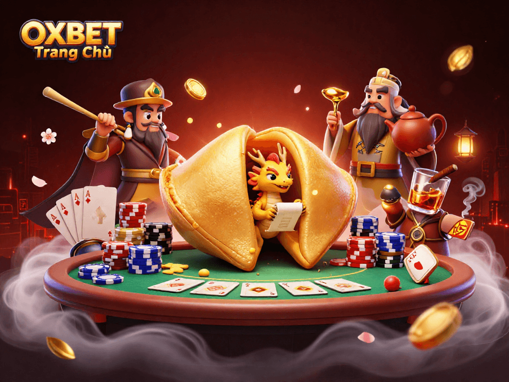 Engage with OXBET Trang Chủ through a vibrant casino scene featuring a fortune cookie and poker elements.