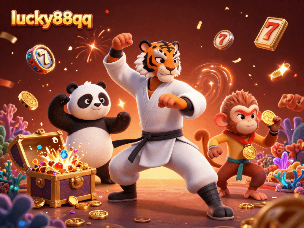 Immerse in lucky88qq with a vibrant 3D scene showcasing a kung fu tiger master amid dynamic casino elements and gold treasures.