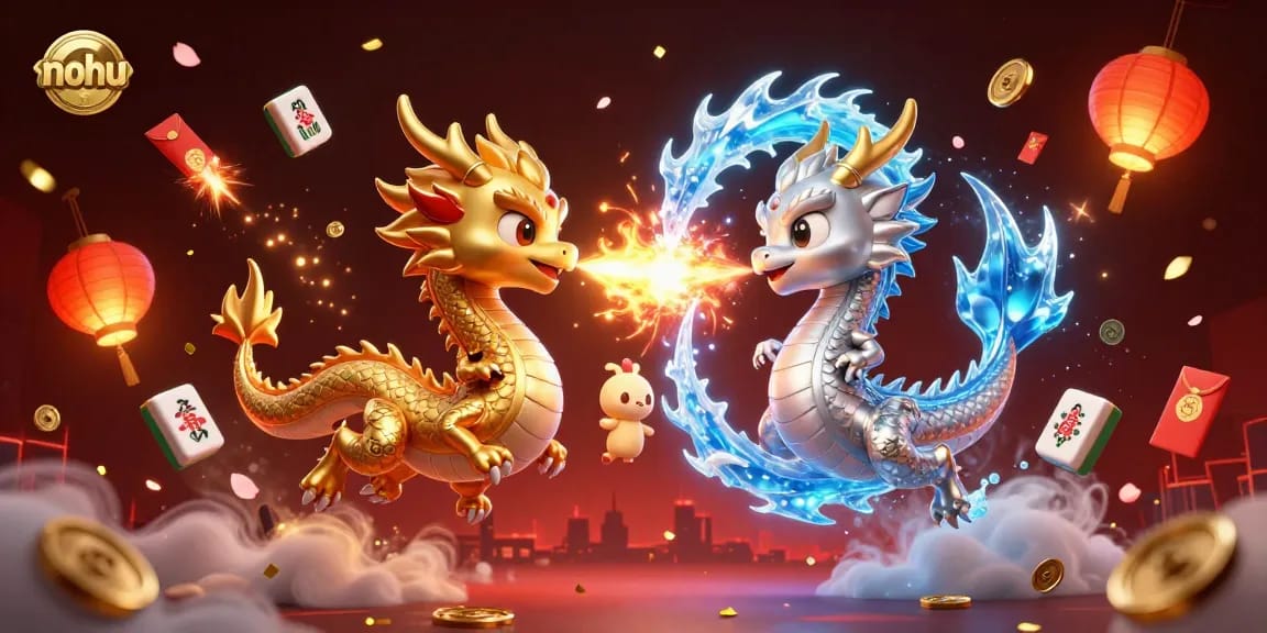 Nohu showcases twin dragons battling fire and ice amidst vibrant casino-themed elements