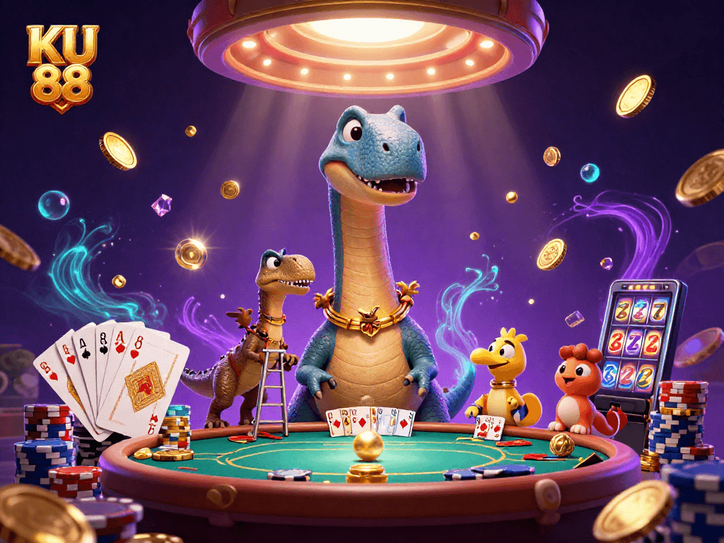 Join the fun at KU 88 with a vibrant 3D casino scene featuring an iconic brontosaurus!