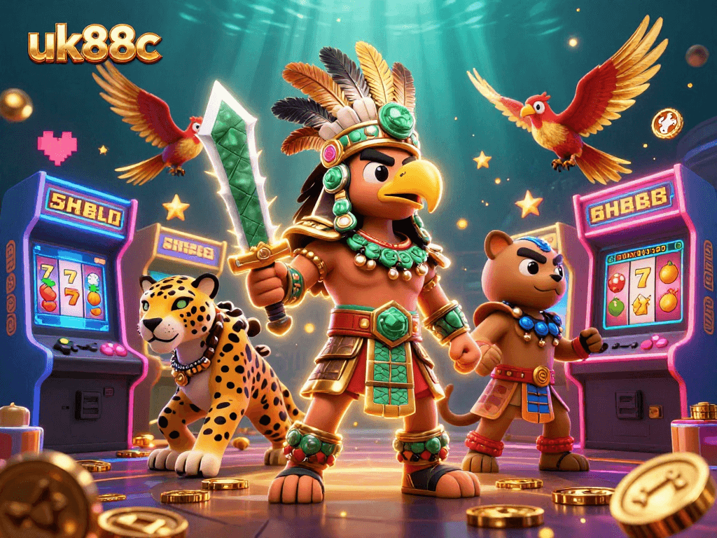 uk88c slots-themed illustration depicting Aztec warriors amidst gaming elements.