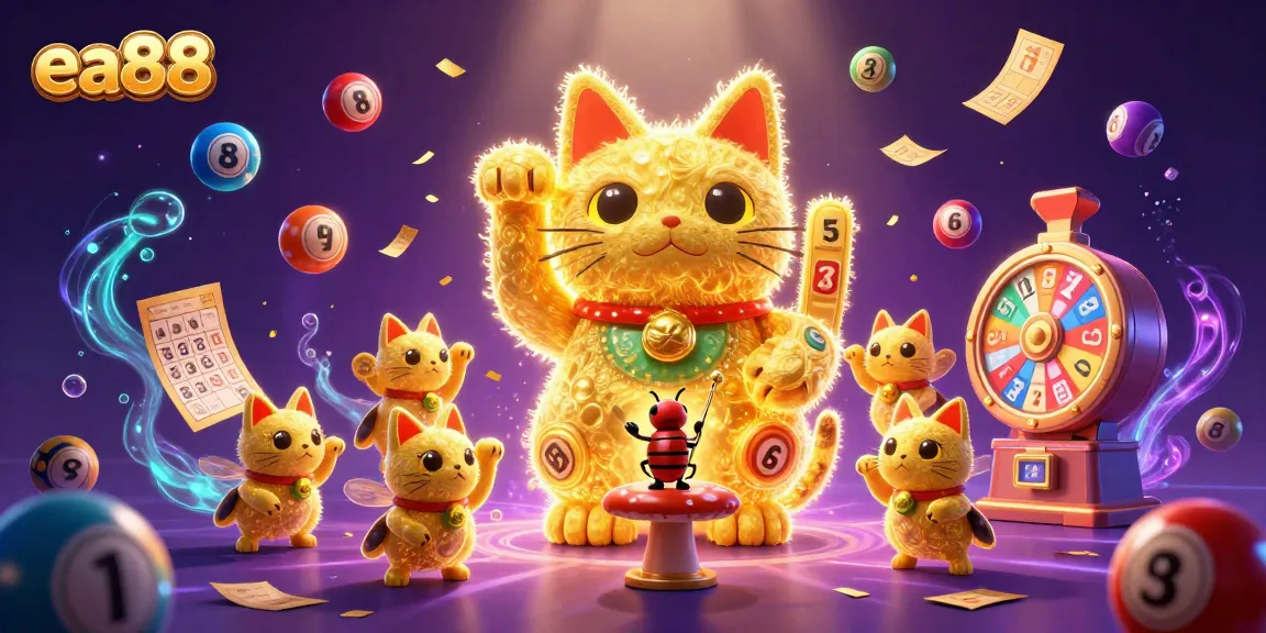 Create your fortune at ea88 with thrilling gaming elements, including a golden lucky cat, lively lottery balls, and a spinning prize wheel.