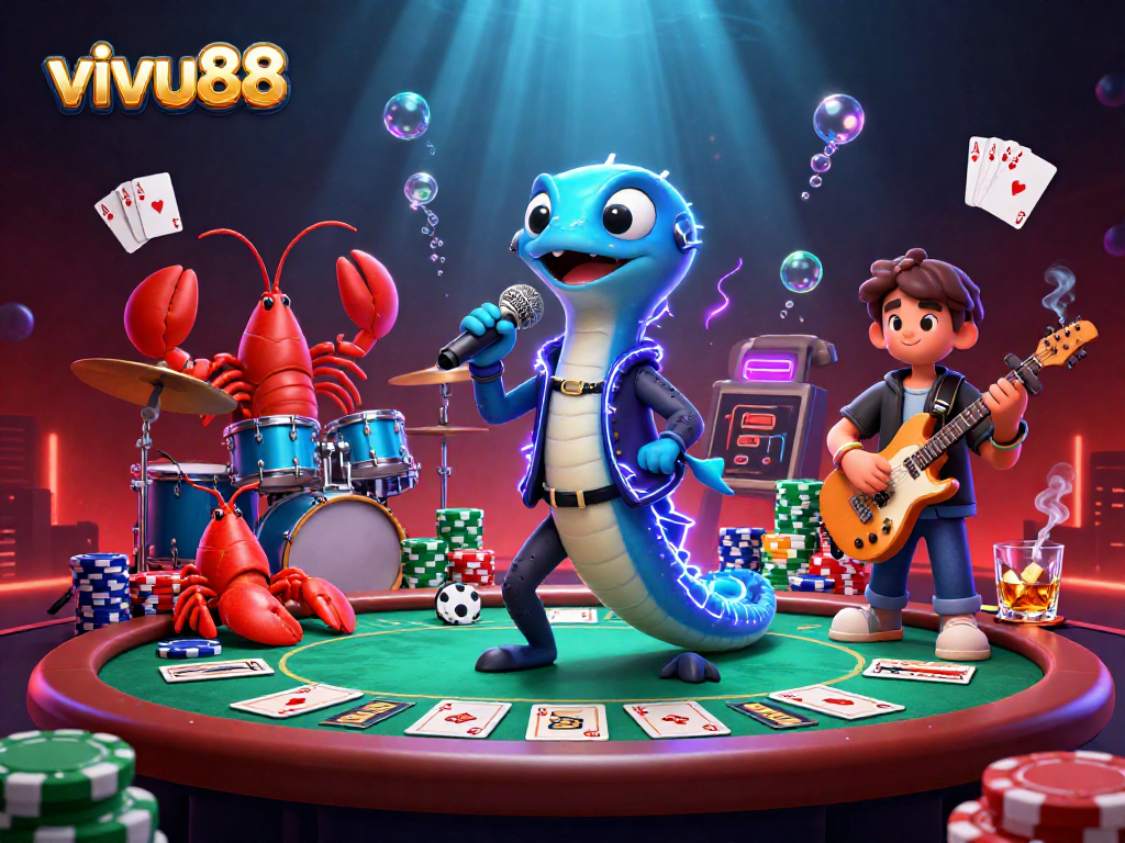 Experience the thrill of vivu88 gaming with an electric performance from a cartoon eel DJ and friends.