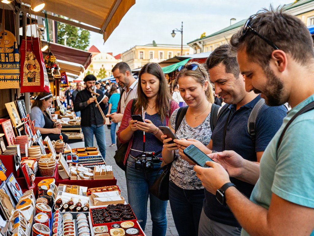 Grupo de turistas usando https://payinrussia.com/ en un mercado ruso colorido, con interacción alegre.