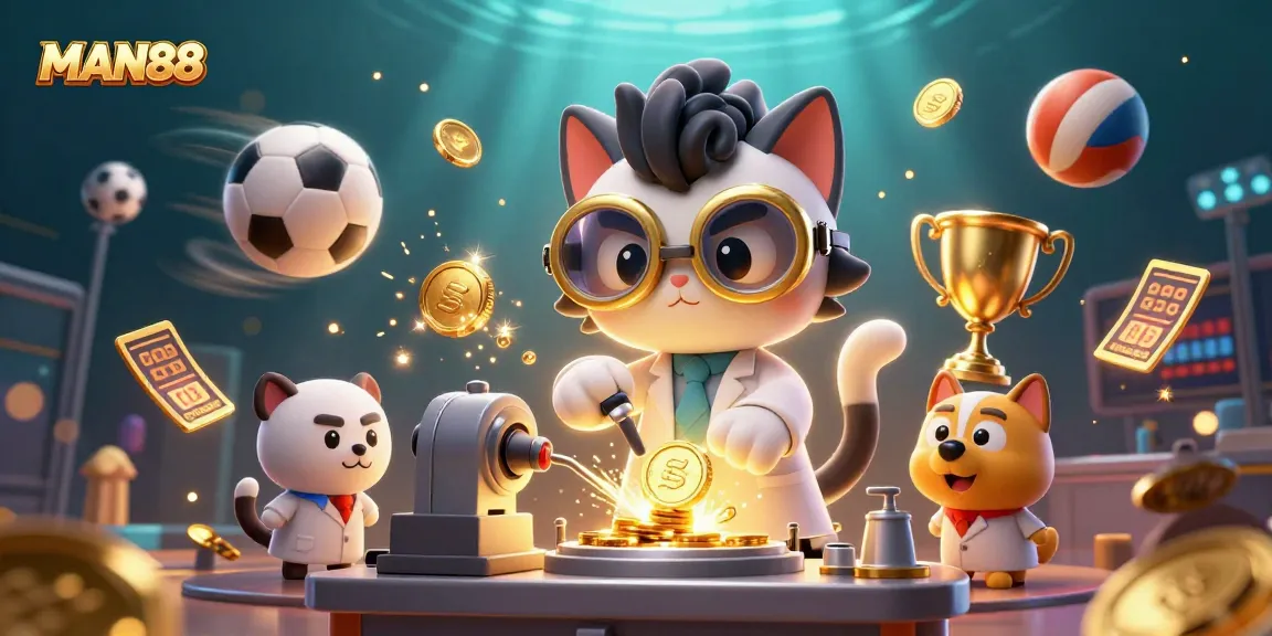 Experience thrilling betting moments with MAN88, featuring cartoon scientist and dog in a dynamic sports lab.