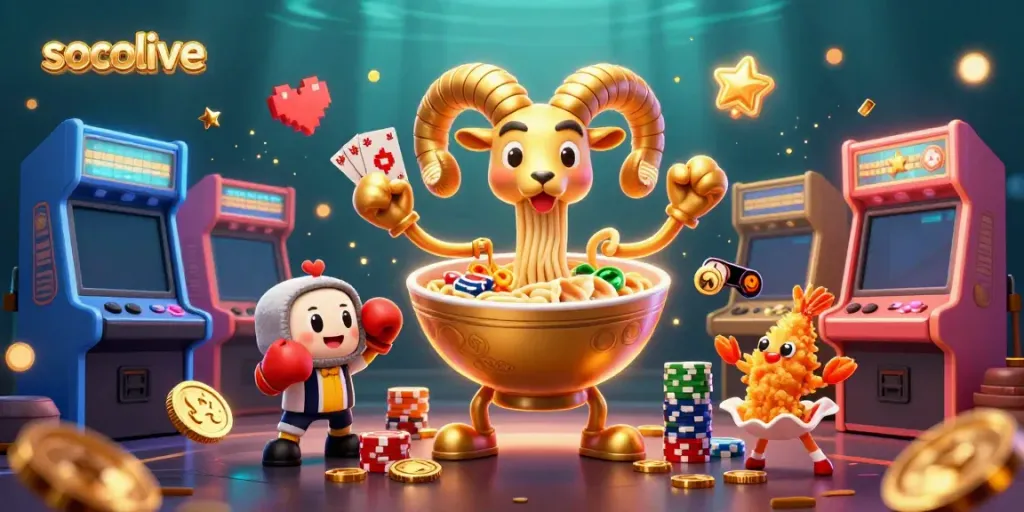 Socolive's vibrant casino scene with a golden ramen bowl dealer and cheering tempura shrimp