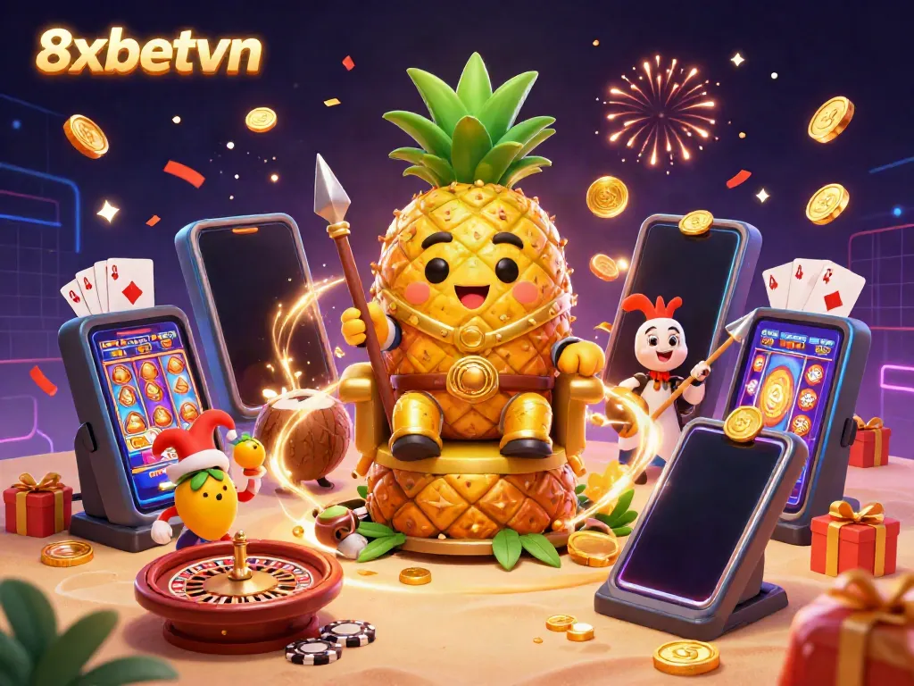 Engage in thrilling adventures with 8xbetvn as the golden pineapple king and festive elements create a vibrant casino atmosphere.