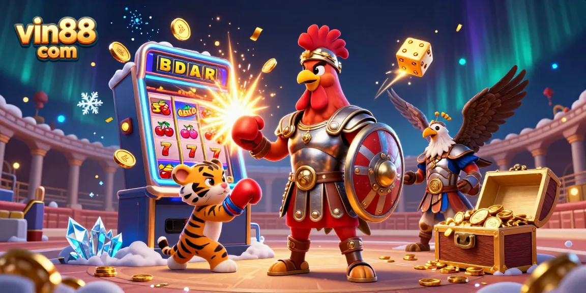 Engage in excitement at vin88 com with a vibrant casino illustration highlighting adventure and winnings.