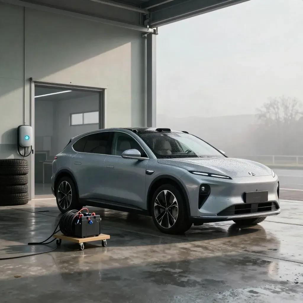 Silverfärgad el-SUV i verkstadsport med laddbox, batterivagn och vinterhjul i dramatiskt ljus.