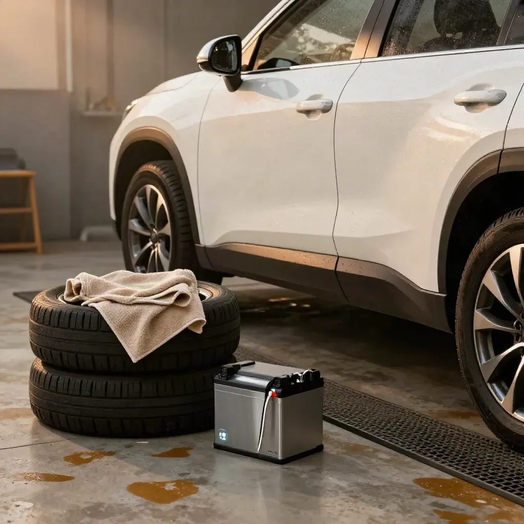 Vit elcrossover i detaljbås med hjulstapel, torkdukar och batteritestutrustning.