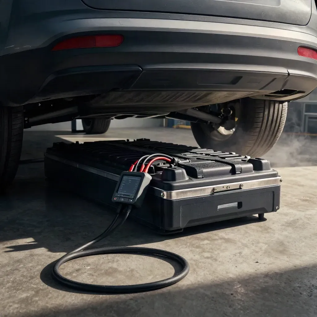 Batterikontroll under en elbil på lyft med testkablar och diagnosenhet i verkstadsljus.