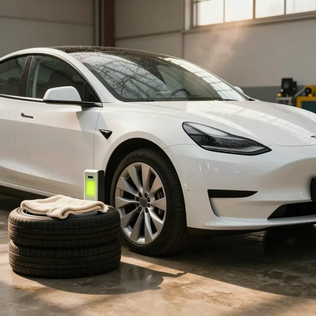 Begagnad vit Tesla i testhall med batteritestare, reservhjul och mikrofiberdukar i varmt ljus