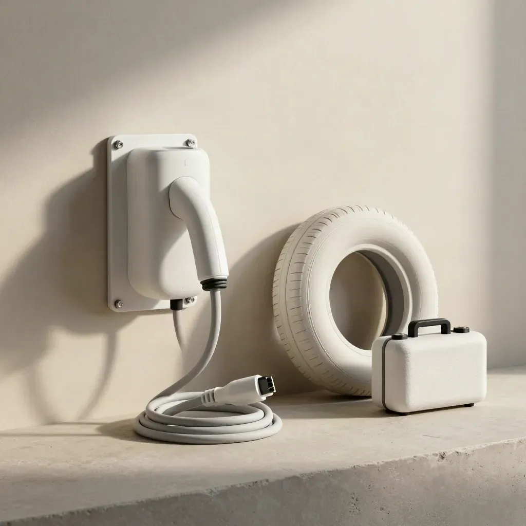 Leveranskitet för elbil: laddboxfäste, kabel, hjulväska och vägkit på varm puts.