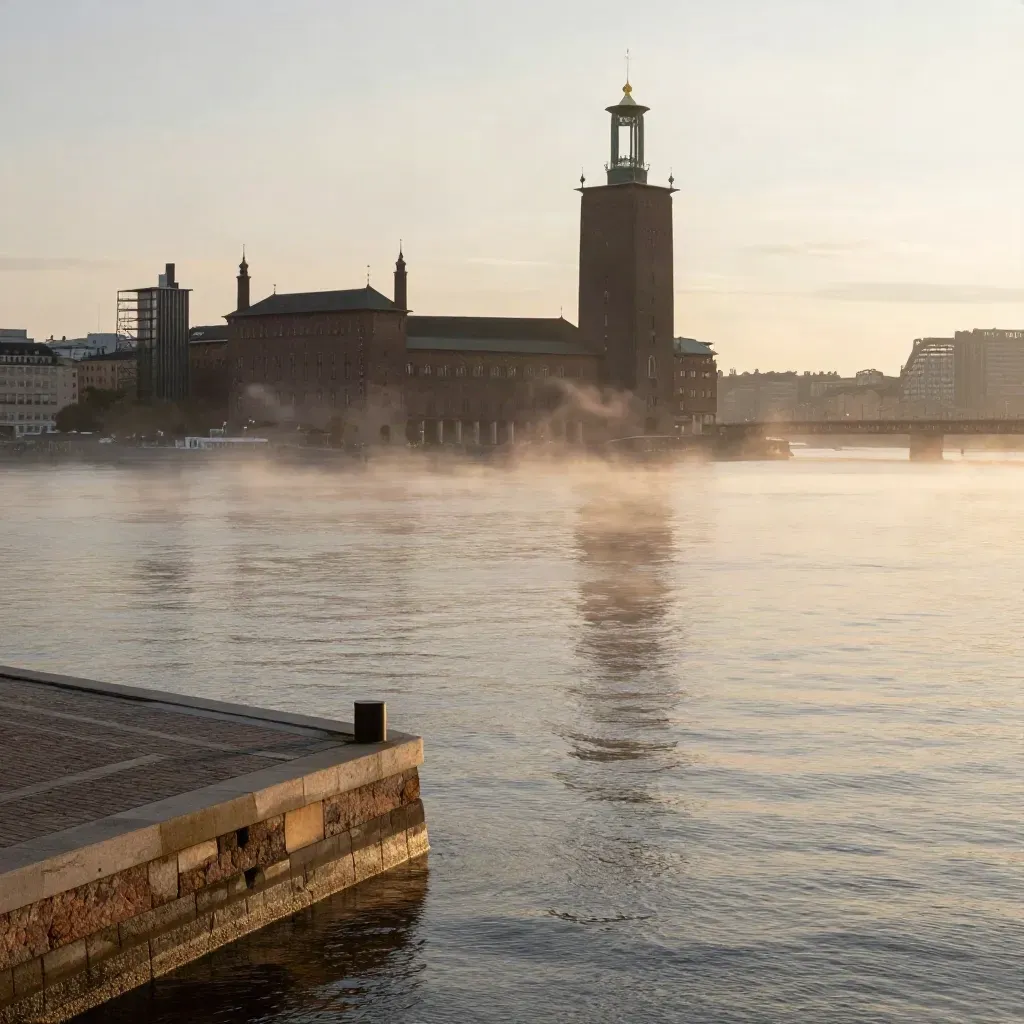 Stockholms stadshus och broar i morgondis över stilla vatten