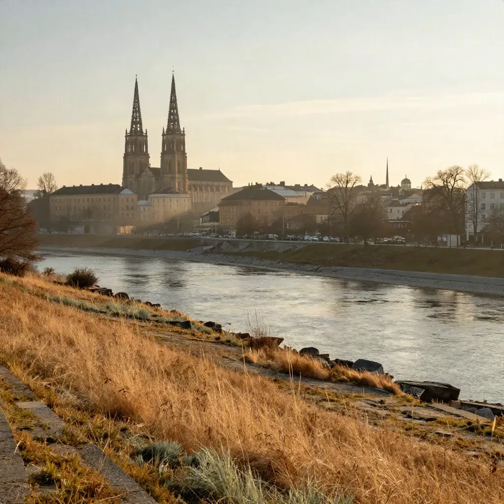 Uppsala domkyrkspiror över Fyrisån i varmt gyllene kvällsljus