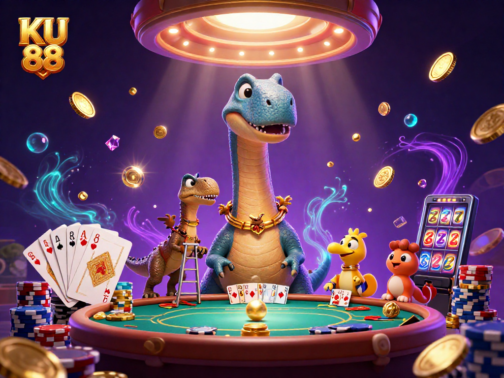 Join the fun at KU 88 with a vibrant 3D casino scene featuring an iconic brontosaurus!