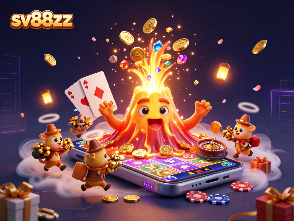 Experience the thrill of sv88zz as treasure erupts from a golden volcano in this vibrant 3D illustration.
