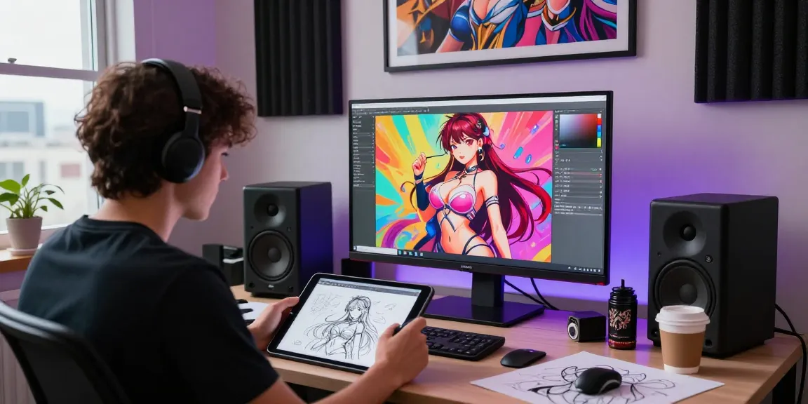 AI hentai digital art creation scene in a modern studio with vibrant colors and a creative atmosphere.