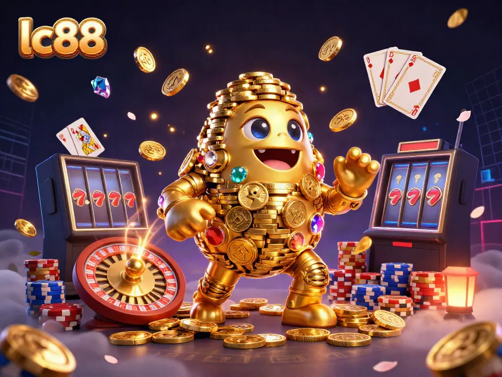 Experience thrilling gameplay with lc88's golden golem and dynamic casino elements in a vibrant 3D scene.