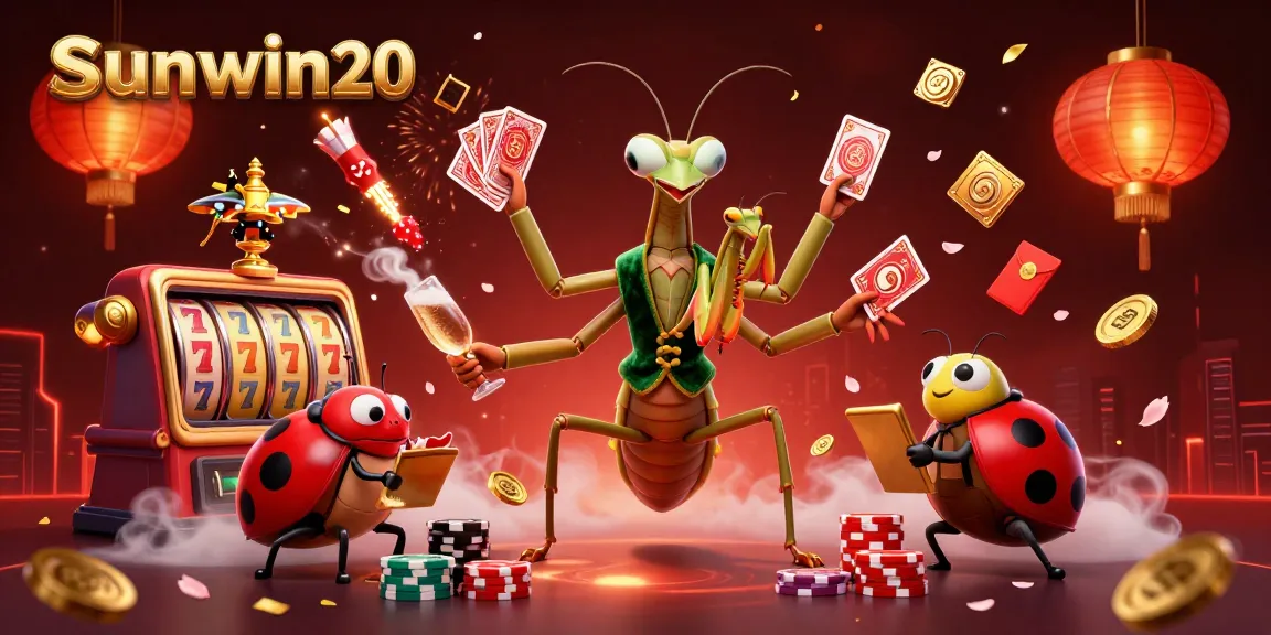 Experience excitement at sunwin20 with vibrant 3D characters and dynamic casino elements creating a festive atmosphere.