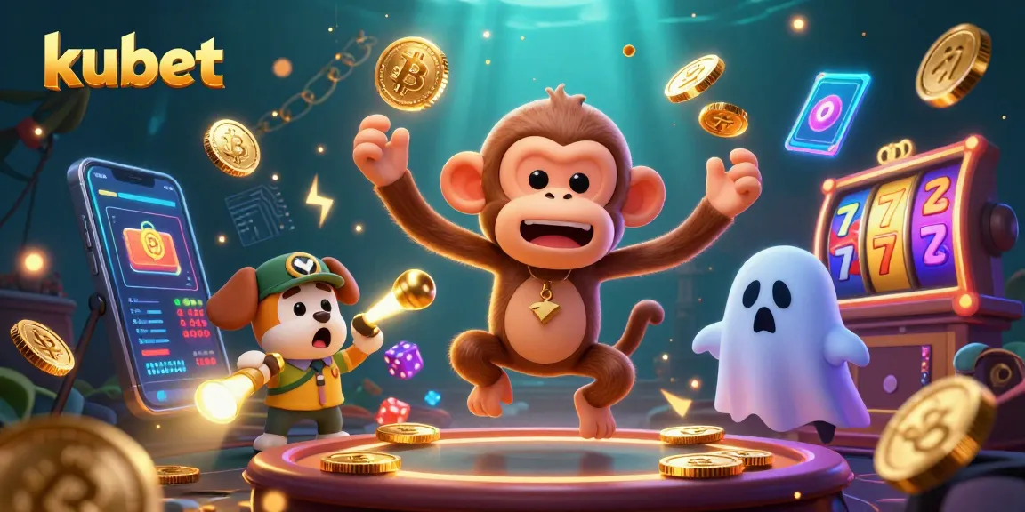 Experience thrilling wins at kubet with a lively 3D casino scene featuring a playful monkey and a curious puppy.