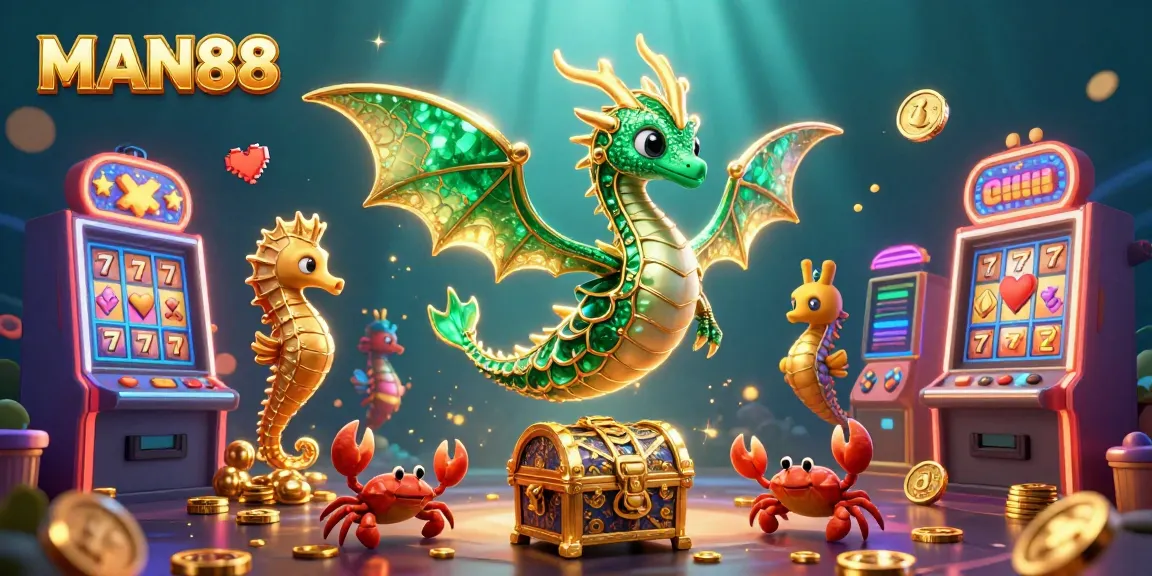 Experience thrilling wins at MAN88 with vibrant underwater casino elements showcasing slot machines and treasure.